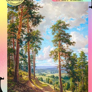 Könnte beinhalten: Ein Kreuzstichmuster, das eine Waldszene mit hohen Kiefern, einem Feldweg und einem Blick auf ein entferntes Tal zeigt. Das Muster verwendet 117 DMC-Farben, darunter 79 einfarbige und 38 gemischte Farben. Das Muster ist in Aida-Stoff der Zählweiten 14, 16 und 18 erhältlich.