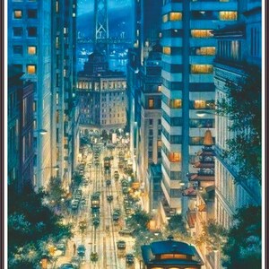 May include: A nighttime cityscape with a cable car traveling down a hill. The cable car is red and yellow with the words "San Francisco Cable Cars" on the side. The city is lit up with streetlights and windows. The buildings are tall and narrow, and there are many cars on the street.