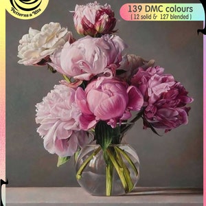 Bouquet of Peonies Flowers beauties still life with In Vase Summer Garden Roses - Chart Counted Cross Stitch Pattern Needlework craft PDF