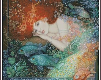 May include: A painting of a woman with long red hair, lying on her side with her head resting on her hand. She is surrounded by green and blue plants and fish. The woman is wearing a pearl necklace and her hair is adorned with flowers.