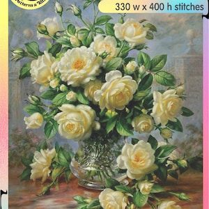 Flowers In Vase Sunny Morning Summer Bouquet Pink Garden Roses Flowers  - Chart Counted Cross Stitch Pattern Needlework craft PDF