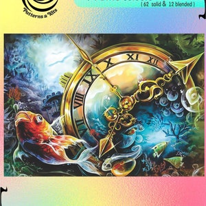 May include: A cross-stitch pattern featuring a clock face with Roman numerals, surrounded by a colorful underwater scene with a red fish, bubbles, and coral. The pattern is 330 stitches wide by 235 stitches high and uses 74 DMC colors, including 62 solid and 12 blended colors. The pattern is designed for 14, 16, or 18 count Aida cloth.