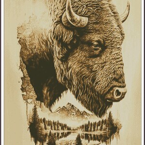 May include: A sepia toned illustration of a bison's head with a mountain range and a lake reflected in its fur.
