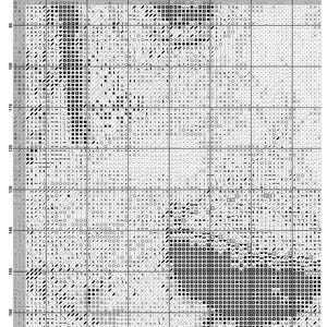 May include: A cross-stitch pattern chart titled "Patch Dog" with a grid of squares filled with symbols in black, gray, and white. The chart includes the website address www.blackswanstitch.com.