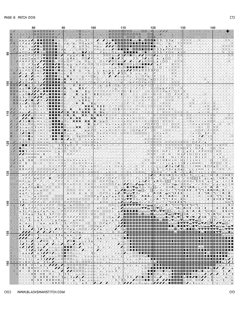 May include: A cross-stitch pattern chart titled "Patch Dog" with a grid of squares filled with symbols in black, gray, and white. The chart includes the website address www.blackswanstitch.com.