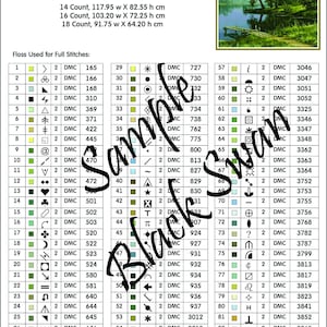 May include: A cross-stitch pattern chart for a design called "Somewhere Quieter". The chart includes a key with symbols and DMC floss colors for each symbol. The pattern is 415 stitches wide by 415 stitches high. The chart also includes a small image of the finished design, which depicts a peaceful lakeside scene with a wooden dock and two trees.
