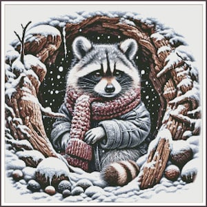 Winter Waschbären Ruhen Ocelot Elster Bauernhof Hühner Im Rosengarten - Kreuzstich Stickmuster Anleitung PDF Handwerk