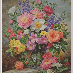 Sweet Fragrance of a Summer&#39;s Day Roses Antique Vintage Still life Summer Bouquet - Chart Counted Cross Stitch Pattern Needlework craft PDF
