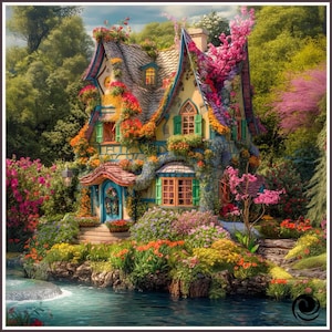 May include: A whimsical cottage with a stone roof and colorful flowers cascading over the walls and roof. The cottage has green shutters, a blue door, and is surrounded by lush greenery and a flowing stream. The scene is vibrant and picturesque.