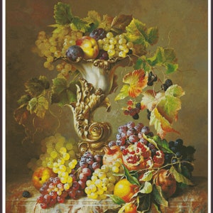 Horn of Plenty Still life with Basket of Fruits Summer Bouquet Roses Flowers - Chart Counted Cross Stitch Pattern Needlework craft PDF
