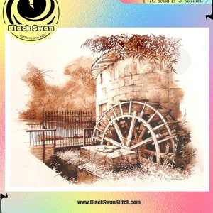 May include: A cross-stitch pattern of a water wheel in a sepia tone. The pattern is 350 stitches wide by 280 stitches high and uses 19 DMC colors, 10 solid and 9 blended. The pattern is available in 14, 16, and 18 count. The pattern is available on the website BlackSwanStitch.com.