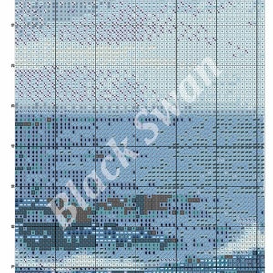 May include: A cross stitch pattern for a blue and white seascape with the text "The Little Mermaids" at the top.