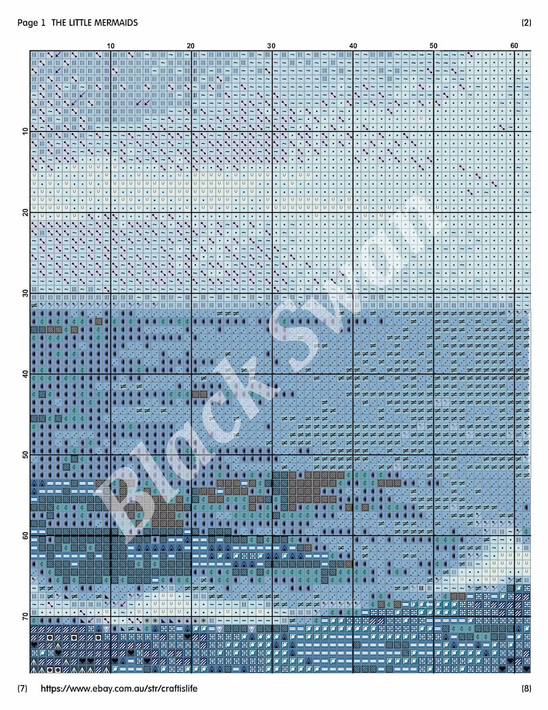 May include: A cross stitch pattern for a blue and white seascape with the text "The Little Mermaids" at the top.