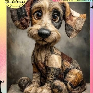 May include: A detailed illustration of a seated dog with large, expressive eyes. The dog's fur is a mix of brown, tan, and black, with patchwork-style detailing. The image includes text indicating the pattern is from Black Swan Patterns and Kits.