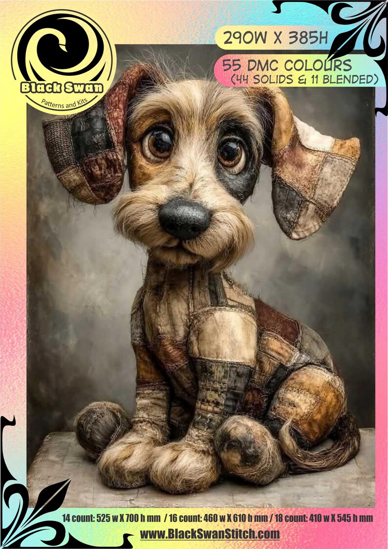 May include: A detailed illustration of a seated dog with large, expressive eyes. The dog's fur is a mix of brown, tan, and black, with patchwork-style detailing. The image includes text indicating the pattern is from Black Swan Patterns and Kits.