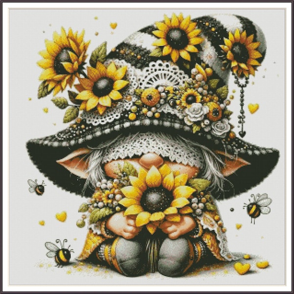 SunFlower Gnome Pink Christmas Santa Clause - Chart Counted Cross Stitch Pattern craft PDF