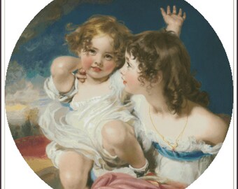 May include: A painting of two young girls, one with her arm raised, looking at the viewer. The girl on the left is wearing a white dress and the girl on the right is wearing a white dress with a blue sash. The background is a blue sky with clouds.