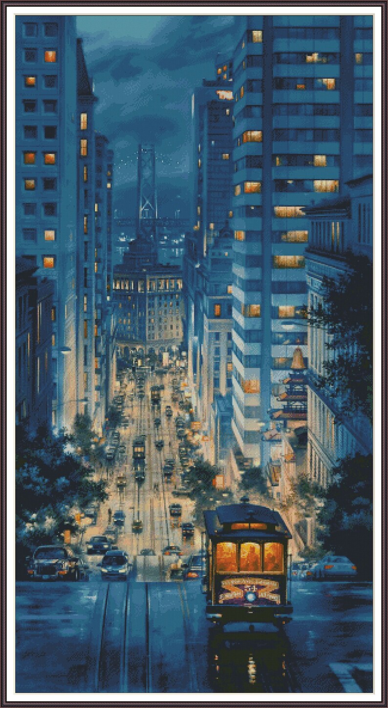 May include: A nighttime view of a city street with a cable car in the foreground. The street is lined with tall buildings and there are cars and people walking on the sidewalk. The cable car is red and yellow and has a sign that says "Cable Car" on the side.