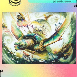 May include: A colorful cross-stitch pattern of a turtle carrying a miniature city inside a glass dome. The pattern is 330 stitches wide by 235 stitches high and uses 73 DMC colors, including 67 solid and 6 blended colors. The pattern is available in 14, 16, and 18 count Aida cloth.