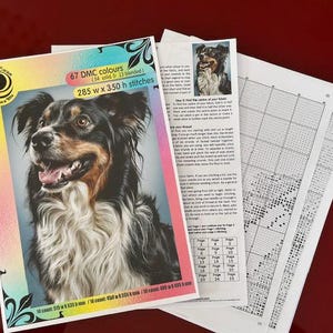 May include: A cross-stitch pattern featuring a dog with black, brown, and white fur. The pattern includes 67 DMC colors and 285 x 350 stitches. Accompanying pages show the pattern and instructions.