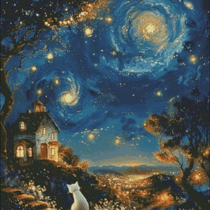May include: A digital art print depicting a starry night with a white cat, a house, and a swirling galaxy. The artwork uses blue, gold, and orange to create a dreamy, celestial landscape. The cat sits on a rock, looking up at the night sky, with a town in the distance.