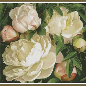 Garden peonies Flowers  - Chart Counted Cross Stitch Pattern Needlework craft PDF