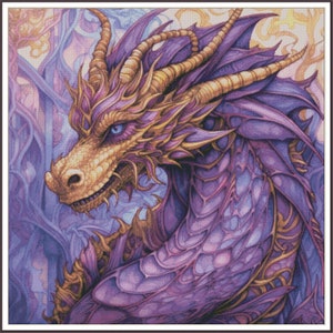 Paarse drakenfantasie - ambacht pdf-patroon geteld kruissteekpatroon