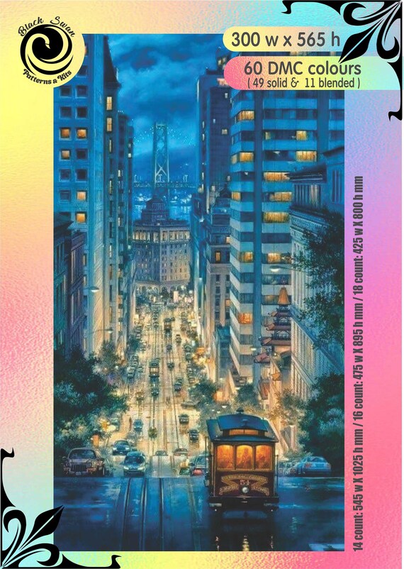 San Francisco at Night Cross Stitch Pattern Chart DMC PDF