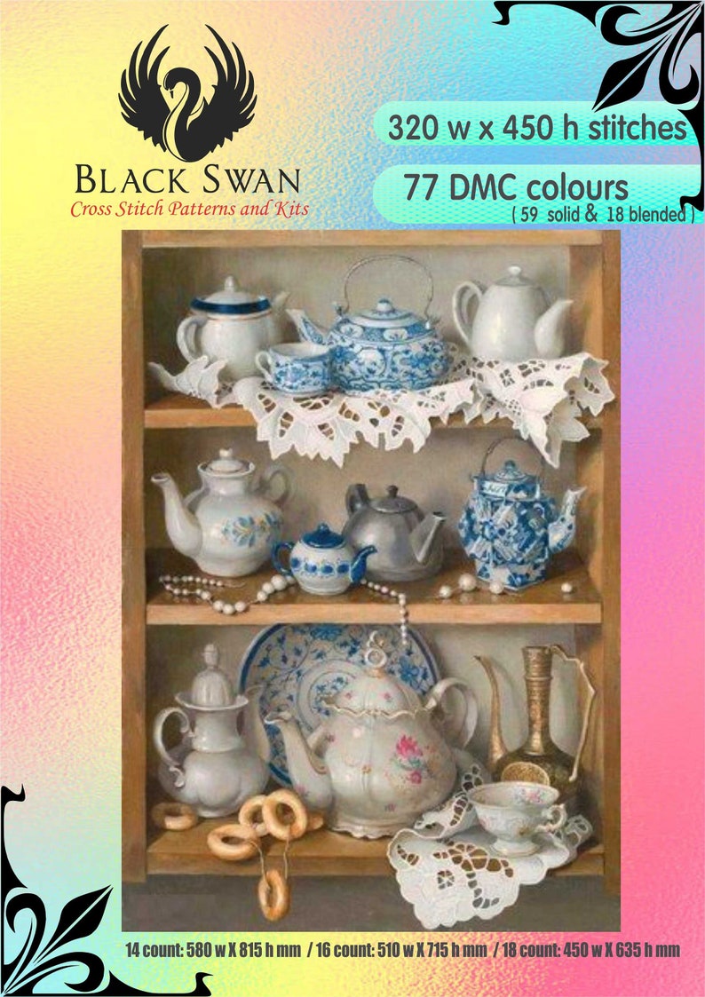 May include: A cross stitch pattern of a vintage tea set on a shelf with a white doily. The pattern is 320 stitches wide by 450 stitches high and uses 77 DMC colors, including 59 solid and 18 blended colors. The pattern is available in 14, 16, and 18 count.