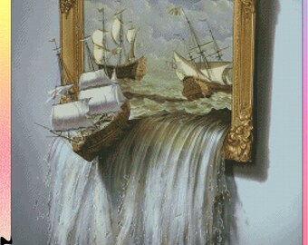 May include: A cross-stitch pattern featuring a painting of three ships sailing on a stormy sea. The painting is framed in a gold frame and the water is cascading out of the frame. The pattern uses 56 DMC colors, including 48 solid and 8 blended colors. The pattern is available in 14, 16, and 18 count.
