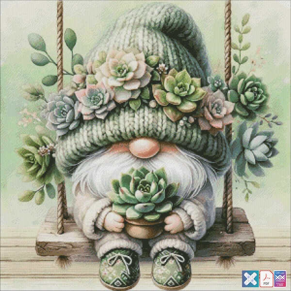 Succulent Gnome - DIGITAL DOWNLOAD Chart Counted Cross Stitch Pattern PDF