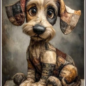 May include: A handcrafted plush dog with large, expressive eyes and a patchwork design. The dog's fur is a mix of brown, tan, and black, with patches of fabric sewn together to create its body. The dog is sitting, with its paws and ears visible.