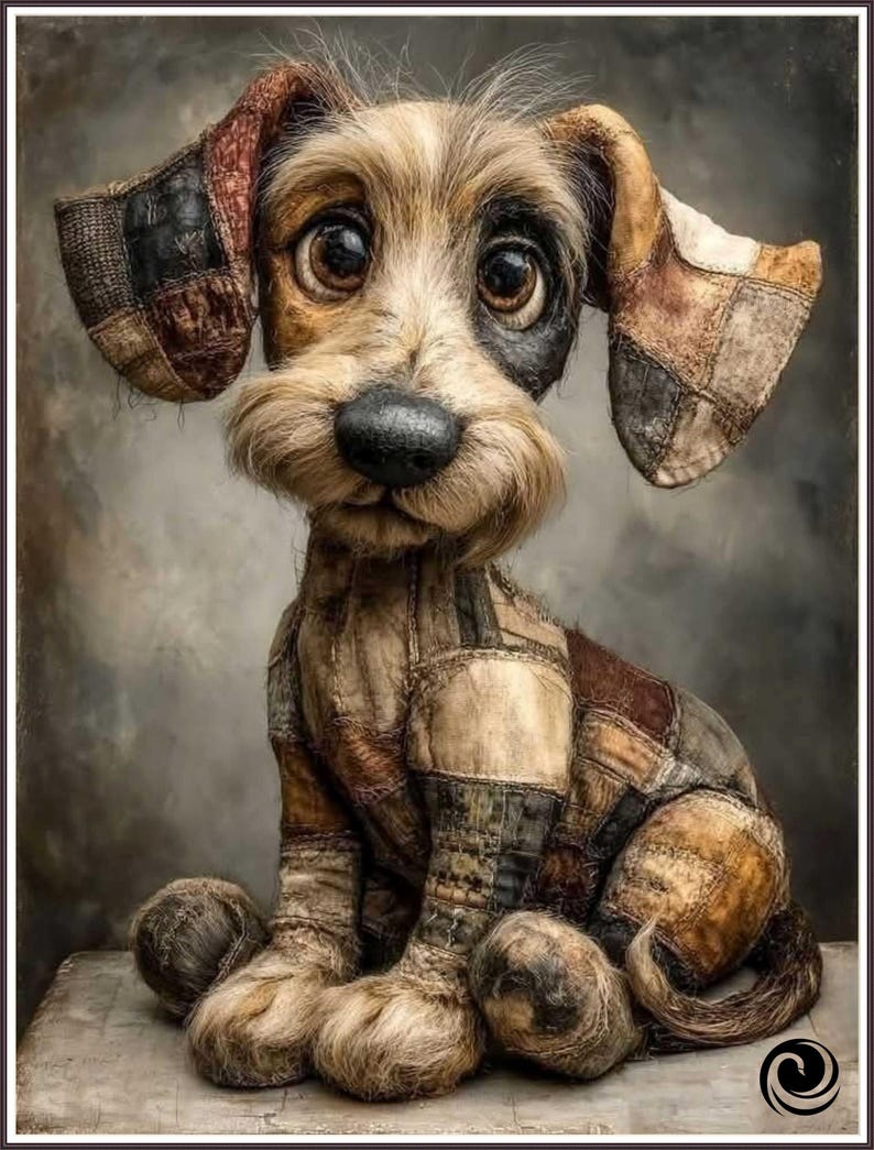 May include: A handcrafted plush dog with large, expressive eyes and a patchwork design. The dog's fur is a mix of brown, tan, and black, with patches of fabric sewn together to create its body. The dog is sitting, with its paws and ears visible.