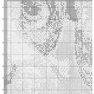 May include: A cross-stitch pattern chart titled "Patch Dog" with a grid of numbered rows and columns. The chart uses black and white symbols to represent stitches, creating a detailed design. The website address www.blackswanstitch.com is at the bottom.