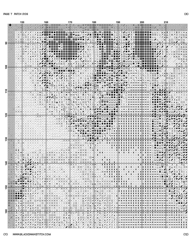 May include: A cross-stitch pattern chart titled "Patch Dog" with a grid of numbered rows and columns. The chart uses black and white symbols to represent stitches, creating a detailed design. The website address www.blackswanstitch.com is at the bottom.