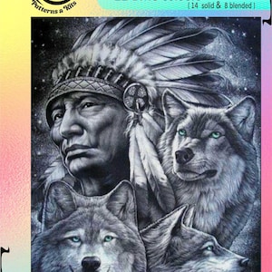 May include: A black and white cross-stitch pattern featuring a Native American man wearing a headdress and three wolves. The pattern is 290 stitches wide by 360 stitches high and uses 22 DMC colors, 14 solid and 8 blended. The pattern is for 14, 16, or 18 count Aida cloth.