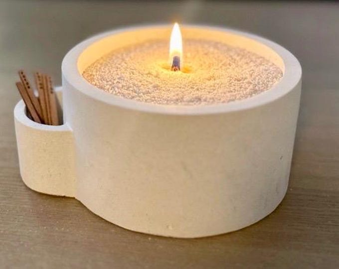 Cement Candle Vessel w/ Match Pocket | SEALED | Concrete Round Candle Dish | Round Modern Minimalist Design | HANDMADE | JLK