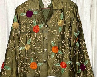 Vintage Daniel K Olive Silk Blend Floral Applique Art to Wear Jacket M