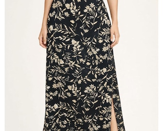 Black Floral Midi Skirt Womens Size 14 Vintage 90s Sheer Overlay Lined Slit Cottagecore Romantic Skirt