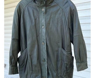 Jacqueline Ferrar Vintage Green Genuine Leather Coat Womens L Made in Korea