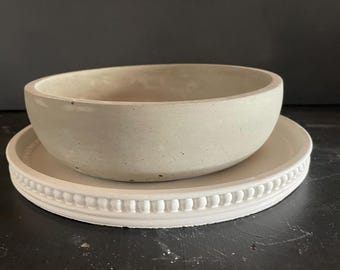 Cement Planter w/Beaded Tray | Concrete Water Saucer | Candle Vessel | Round Food Bowl | Optional Drainage Hole & Sealant | HANDMADE | JLK