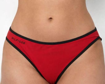 Tommy Hilfiger Red Bikini Bottoms Low Rise Black Trim Swimwear 17.5 Waist Womens Bathing Suit Bottom