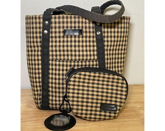 Vintage Longaberger Homestead Gingham Tote Bag Handbag Cosmetic Pouch Mirror Set