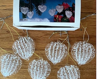 Vintage Clear Heart Christmas Ornaments Set of 6 Made in Taiwan Boxed