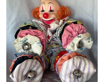 Vintage Handmade Yo-Yo Clown Doll Fabric Jingle Bell Folk Art 10" 1970's - 80's