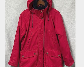 Parka roja vintage Pacific Trail para mujer, talla pequeña, con forro polar y capucha plegable.