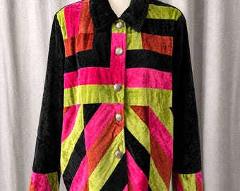 Chaqueta vintage de terciopelo con patchwork de BFA Classics para mujer, talla L, colorblock, estilo artístico bohemio.
