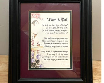 Vintage 1995 Mom & Dad Framed Poem Genie Gravelline Bird Floral Wall Art