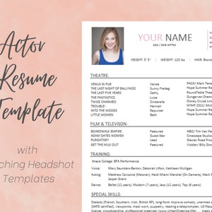 Actor Resume Template with Matching Headshot Templates | 8 x 10 Acting Resume| Resume Template Microsoft Word| Actor CV Template
