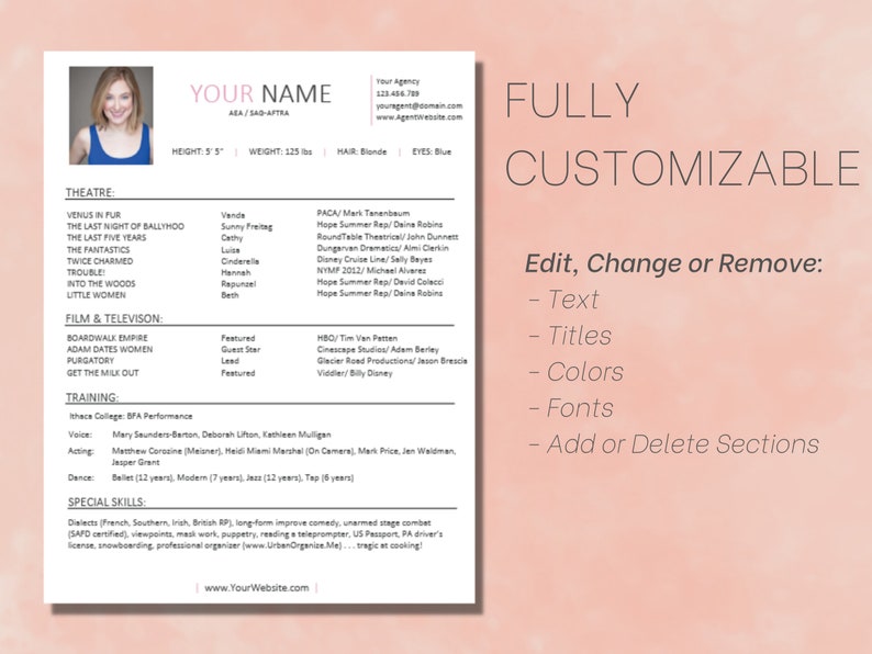 Actor Resume Template with Matching Headshot Templates 8 x 10 Acting Resume Resume Template Microsoft Word Actor CV Template image 2